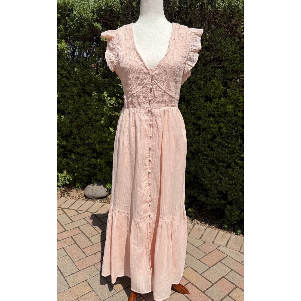 Quince 100% Organic Cotton Smocked Tiered Maxi Dress Blush Pink Medium
